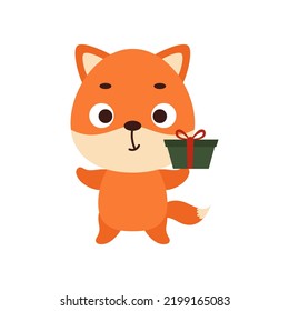 Pequeño zorro lindo con caja de regalo sobre fondo blanco. Caricatura animal para camisetas de niños, decoración infantil, ducha de bebé, tarjetas de felicitación, invitaciones, interior de la casa. Ilustración de material vectorial.