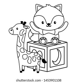 cute little fox with giraffe and block vector illustration design