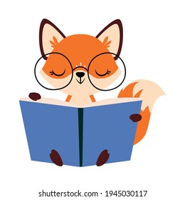 Cute Little Fox in Glasses Reading Book Vector Illustration