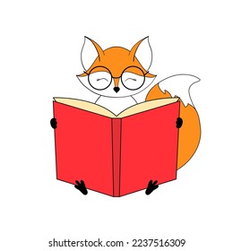 Cute Little Fox in Glasses Reading Book. Flat outline childish vector illustration