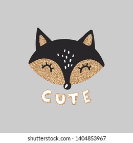 Cute little fox with golden glitter. Vector animal illustration. Hand drawn cartoon fox. It can be used for baby t-shirt design, fashion print, cards, design element for children's clothes.