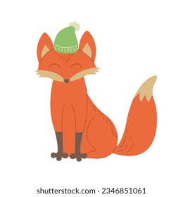 Cute little fox in green hat. Welcome Fall concept. Cartoon animal character for kids t-shirts, nursery decoration, greeting card, invitation, house interior. Vector stock illustration