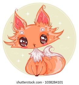 Cute Little Fox Hand Drawn Style Children Illustration, Cartoon Character Fox With Big Eyes And Fluffy Tail, Anime Vector Illustration Art