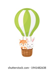 Cute little fox, hare fly on green hot air balloon. Cartoon character for childrens book, album, baby shower, greeting card, party invitation, house interior. Vector stock illustration