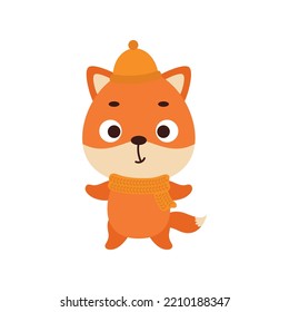 Cute little fox in hat and scarf. Cartoon animal character for kids t-shirts, nursery decoration, baby shower, greeting card, invitation, house interior. Vector stock illustration