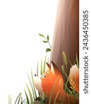 Cute little fox hiding behind the tree. Wild fox animal character for kids in the forest, Fantasy summertime scenery. Children vector illustration in watercolor style.