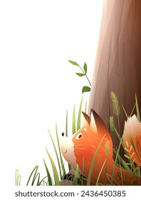 Lindo zorrito escondido detrás del árbol. Carácter animal del zorro salvaje para los niños en el bosque, paisaje de verano de fantasía. Ilustración vectorial infantil en estilo acuarela.