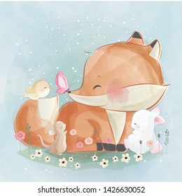 Cute Little Fox and His Friends