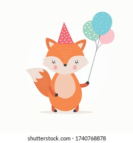 Cute little fox holding balloons. Birthday card. Vector illustration design.