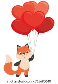 Cute Little Fox Holding Heart Shaped Balloons Valentines Day Birthday Love Card