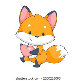 Cute little fox holding a pink heart