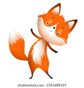 Cute Little Fox Umarmung Gruß, lustiges Charakterdesign für Kinder. Furry jubelnden Maskottchen, kindische kunstvolle rote Fuchs isolierte Clip-Art. Handgezeichnete Vektorgrafik in Aquarellfarben für Kinder.