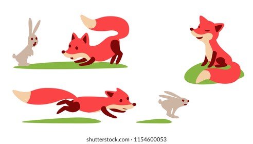 cute little Fox hunting a rabbit. Cartoon vector set. 