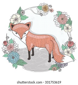 Cute little fox illustration. Flower frame.