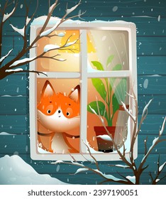 Cute little fox looking through window in winter or Christmas time. Baby fox and snow, wintertime illustration for kids. Vector Illustration in watercolor style for children.