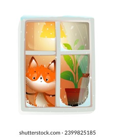 Cute little fox looking from window in winter or Christmas time. Baby fox and snowy window, wintertime illustration for kids. Isolated vector clipart Illustration in watercolor style for children.