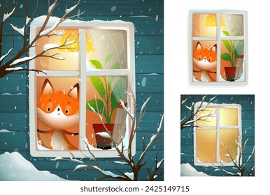 Cute little fox looking from window in winter Christmas time. Baby fox and snowy window, wintertime illustration for children. Vector Illustration set in watercolor style for kids.