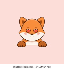 Cute little fox in love with heart eyes in cartoon style. Vector flat illustration