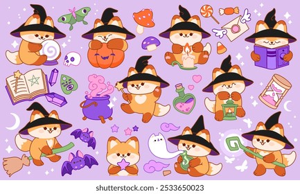 Lindo mago zorro. Artículos mágicos, Elementos de fantasía, Clipart de Halloween, estética de bruja. Pegatinas de dibujos animados, diseño de personajes animales Vector ordenado conjunto aislado. Colección estilo Kawaii.