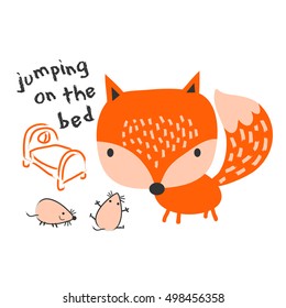 Cute little fox and mice / Vector close up portrait of fox, Hand drawn wild mammal animal illustration.