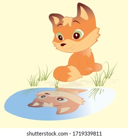 Cute little fox and mirror vector character illustration