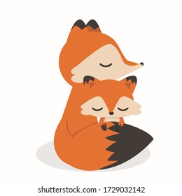 Cute Little Fox Mother And Baby cartoon Illustration