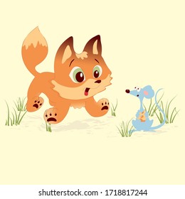 Cute little fox and mouse vector character illustration