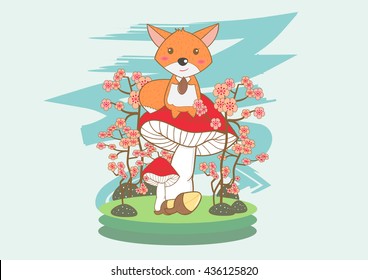 cute little fox  on big mushroom cartoon vector