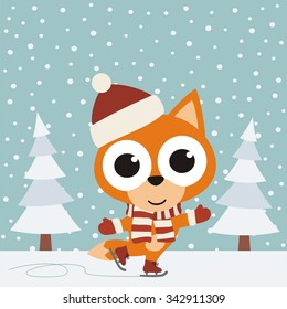 Cute little fox on ice skates on background trees, snow is falling