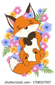 Cute little fox on the spring flowers lawn, Funny baby fox and beautiful flowers