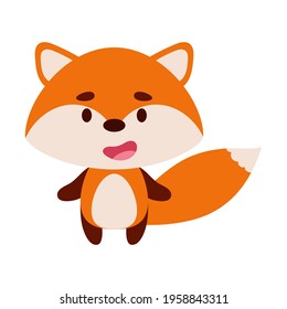 Cute little fox on white background. Cartoon animal character for kids cards, baby shower, birthday invitation, house interior. Bright colored childish vector illustration.