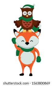 cute little fox and owl with christmas clothes vector illustration design