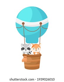 Cute little fox, raccoon fly on blue hot air balloon. Cartoon character for childrens book, album, baby shower, greeting card, party invitation, house interior. Vector stock illustration.