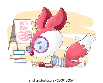 Cute little fox reading book