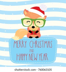 Cute little fox with red hat,glasses and gift,christmas and new year card,vector illustration