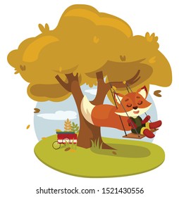 The cute little fox is relaxing under the tree. Autumn mood
