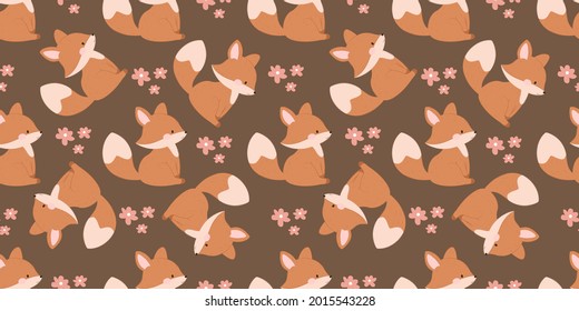 Cute little fox in a repeat patterns. Nursery art background. Children's fabric pattern design.
