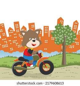 Cute kleine Fuchs Reiten Motorrad, lustige Tiercartoon, Vektorgrafik. Kreative Vektorgrafik, kinetischer Hintergrund für Stoff, Textilien, Tapete, Poster, Karte, Broschüre. und andere Dekoration.