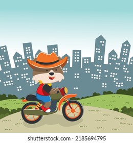 Cute little fox Riding motorcycle, funny animal cartoon,vector illustration. Creative vector childish background for fabric, textile, nursery wallpaper, poster, card, brochure. and other decoration.