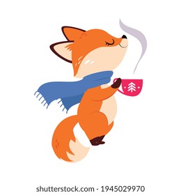 Cute Little Fox in Scarf Smelling Hot Winter Drink Aroma Vector Illustration