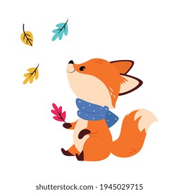 Cute Little Fox in Scarf Watching Autumn Leaf Fall Vector Illustration