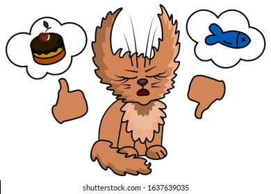 Cute little Fox in the selection process. Choice. Cake or fish. Flat vector illustration on a white background.