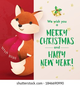 Cute little fox with signboard wishing Merry Christmas. Christmas and new year holiday greeting card. Vector illustration