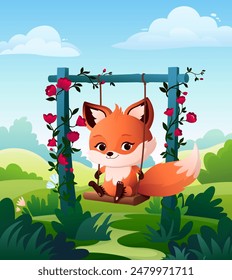 A cute little fox sits on a garden swing. Vector colorful illustration for your design. Gradient colors. Clear summer day in nature.