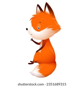 Cute Little Fox Sitting and Greeting, funny character design for kids. Furry foxy mascot, childish cartoon of a crafty red fox. Hand drawn cartoon in watercolor style for children.