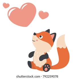 Cute Little Fox Sitting and Looking Up Flat Vector Illustration With Hearts Above Valentines Day Card