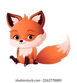 A cute little fox is sitting. Vector illustration with gradients isolated on white background. Cute character design for kids products.
