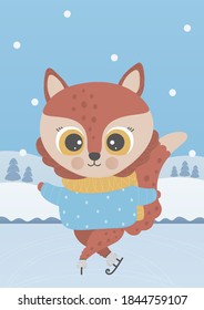 A cute little fox is skating on ice in the forest. Background for Happy New Year and Merry Christmas card and poster for nursery in delicate colors. Illustration for kids. Winter design. A4. Vector.