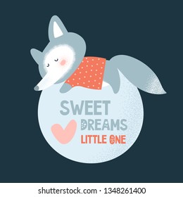 Cute little fox sleep on the moon. Sweet dreams little one. Cartoon character illustration and lettering for kids game, book, t-shirt, card, print, poster and decoration. Vector clipart