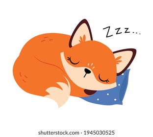 Cute Little Fox Sleeping Cuddling on Soft Pillow Vector Illustration